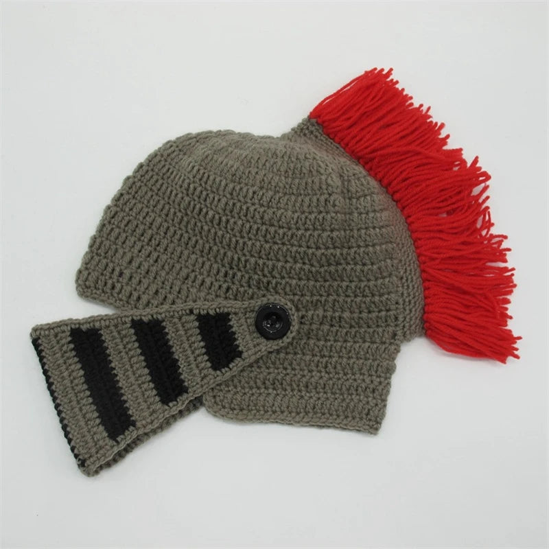 Warm Winter Handmade Funny Hats Original Red Tassel Roman Knight Helmet Mask Beanies Cosplay Caps Men's Women's Gag Party Gifts