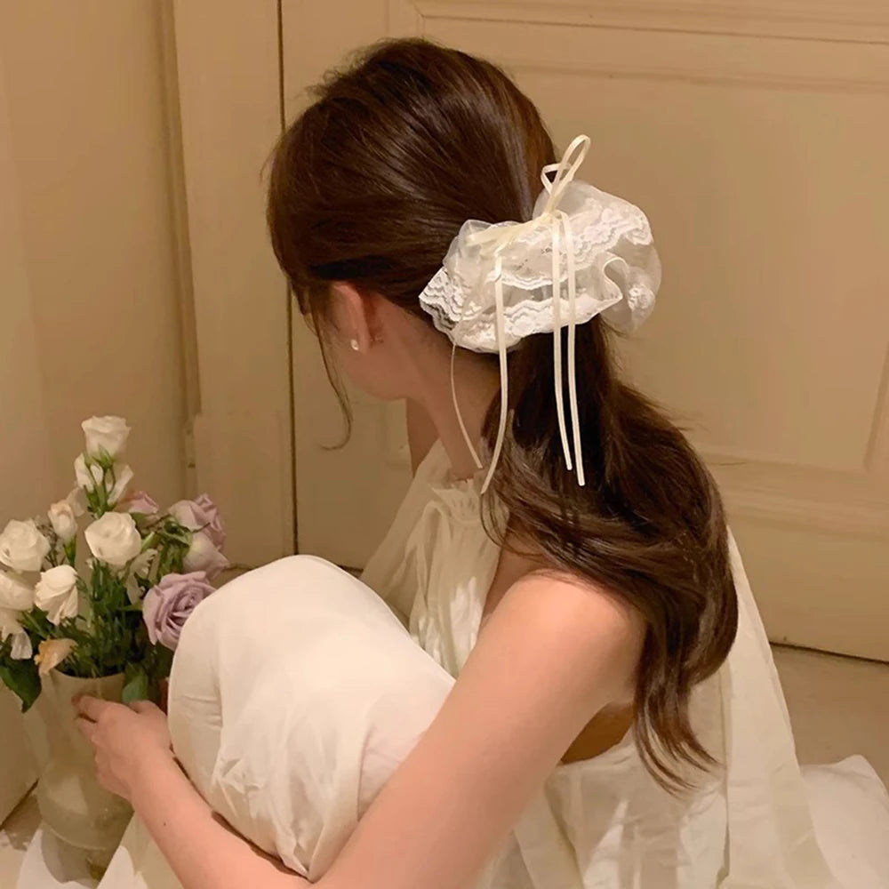 Lace Scrunchies Bowknot Ribbon Elastic Hair Bands Hair Rope Ties Hair Accessories Ponytail Holder Hair Ring INS Hair Accessories