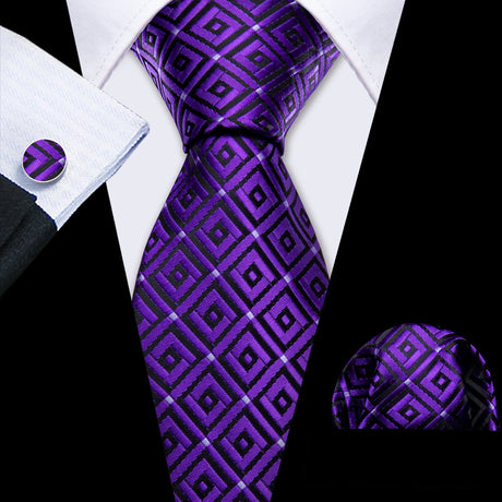 Male Gift Silk Men Tie Set Purple Violet Solid Paisley Striped Wedding Business Tie for Man Necktie Handky Cufflinks Barry.Wang