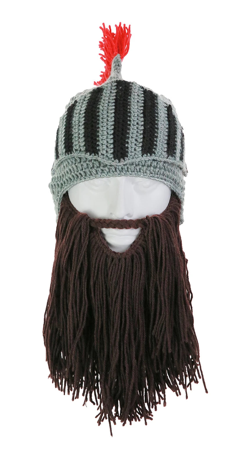 Red Tassel Cosplay Roman Knight Knit Helmet Men Cap Original Barbarian Handmade Winter Warm Beard Hats Funny Beanies Party Gifts