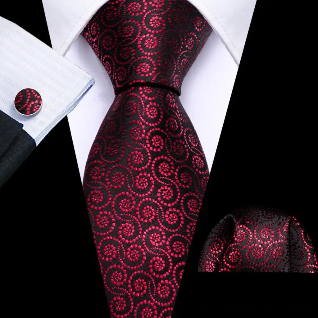 Barry.Wang Red Maroon Burgundy Rose Silk Men's Tie Pocket Square Cufflinks Set Jacquard Necktie for Male Wedding Business Party