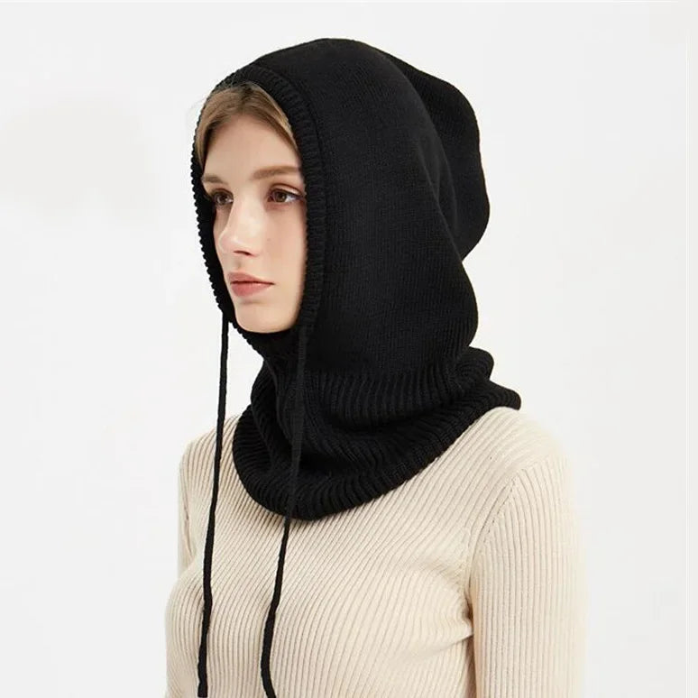 Winter Womens Hats Unisex Knitted Hooded Neck Collar Cap Beanie For Men & Women Drawstring One-Piece Hats Warmer Balaclava Cap