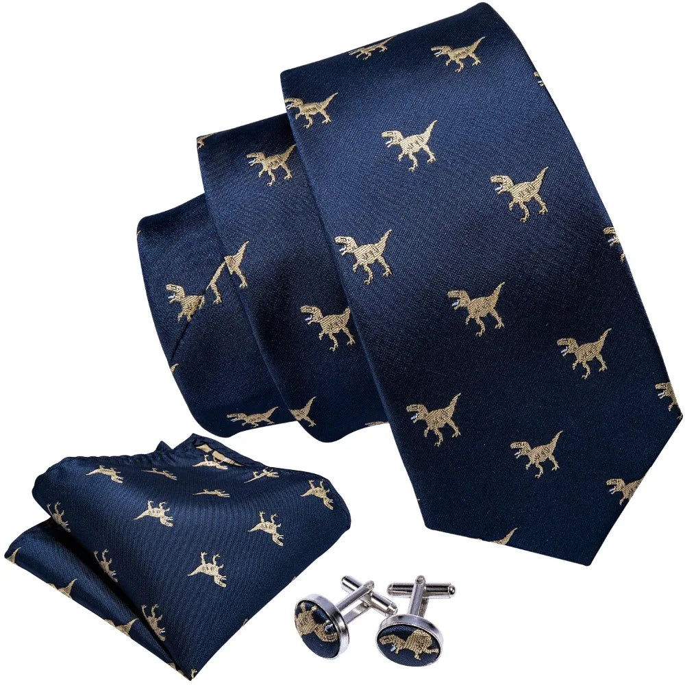 New Arrival Men's Ties Set Dinosaur Pattern Navy Gold Mens Wedding Necktie 8.5cm Necktie Business Silk Ties For Men Gift FA-5191