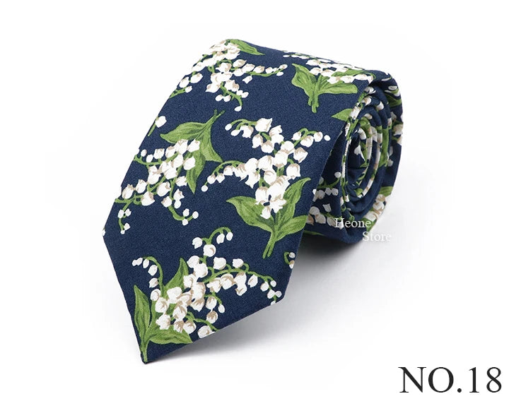 New Chic Floral Tie For Men Women 100% Cotton Beautiful Elegant Flower Necktie White Blue Narrow Skinny Wedding Casual Cravat