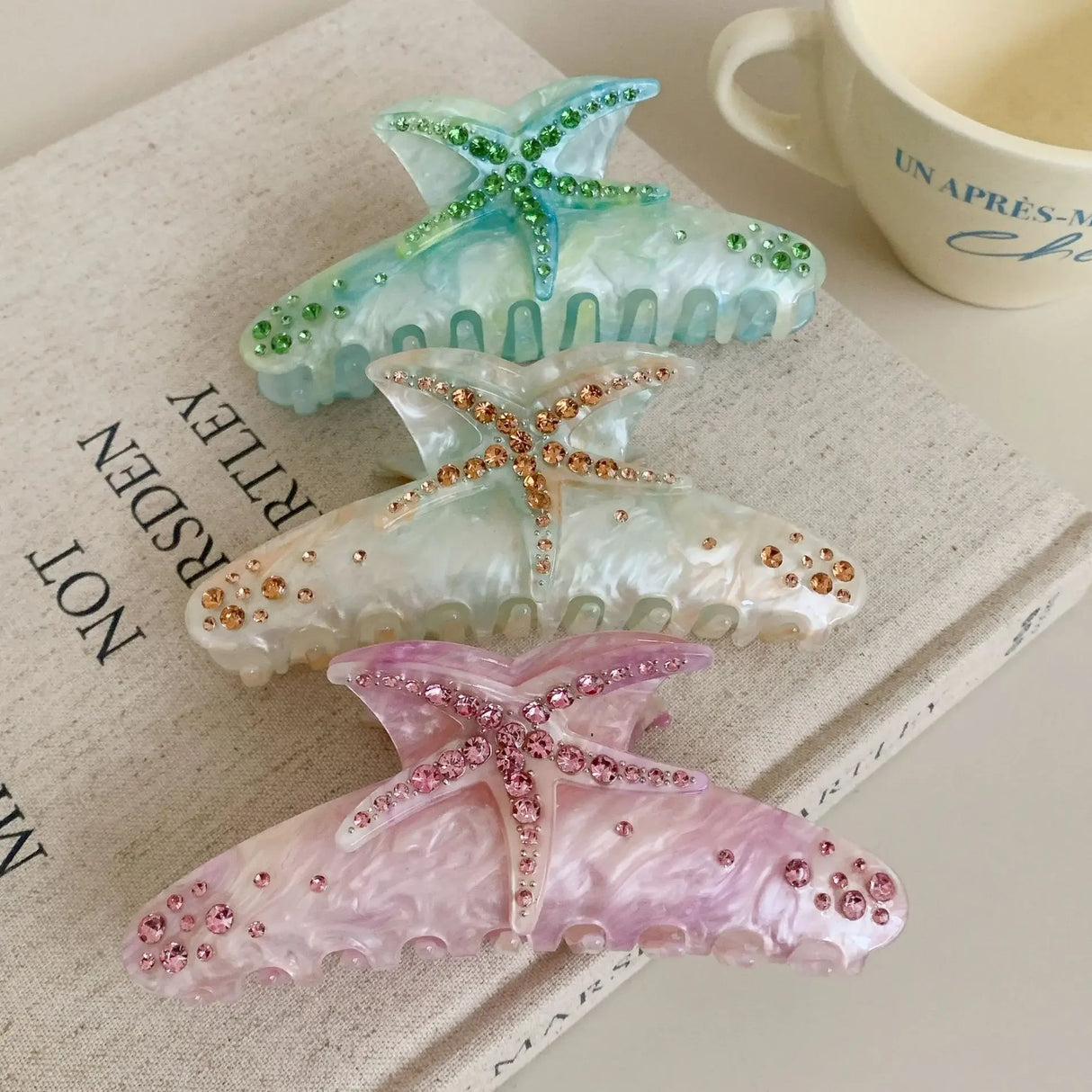 YHJ Starfish Hair Claw for Women Rhinestone Acetate Claw Clip Vacation Jewelry Hair Clip Trendy Claw Clips Hair Accessories
