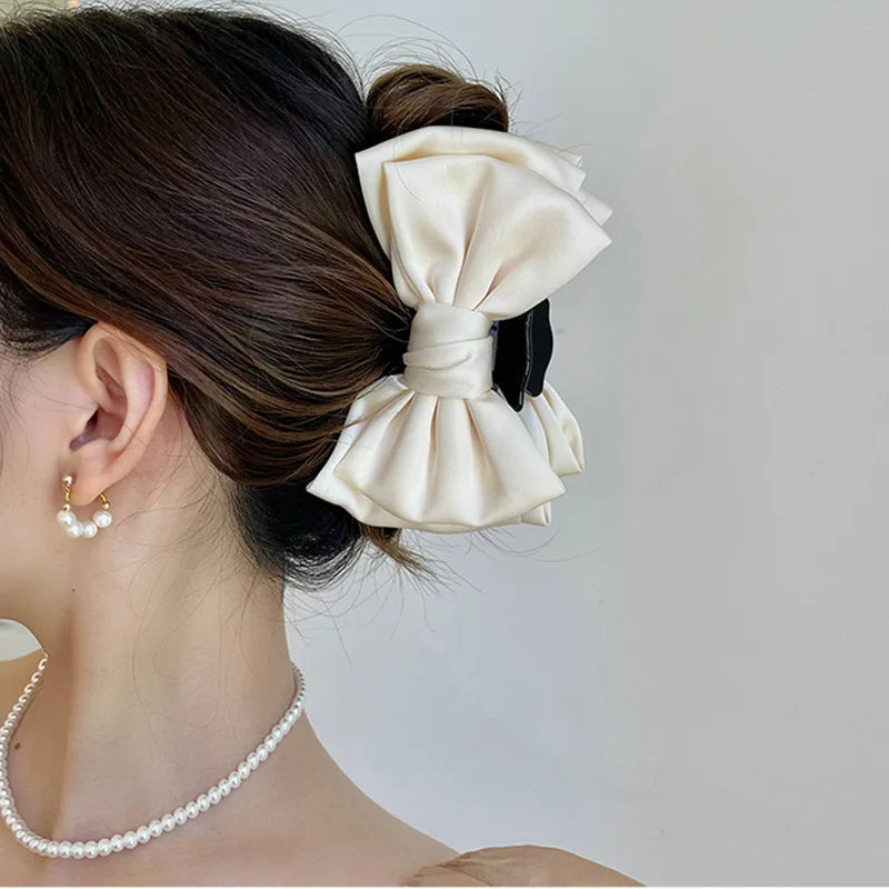 Elegant Women Bow Hair Claw Clips Double-Sided Large Satin Shark Hair Claw Solid Bowknot Hairpins Barrettes Hair Accessories