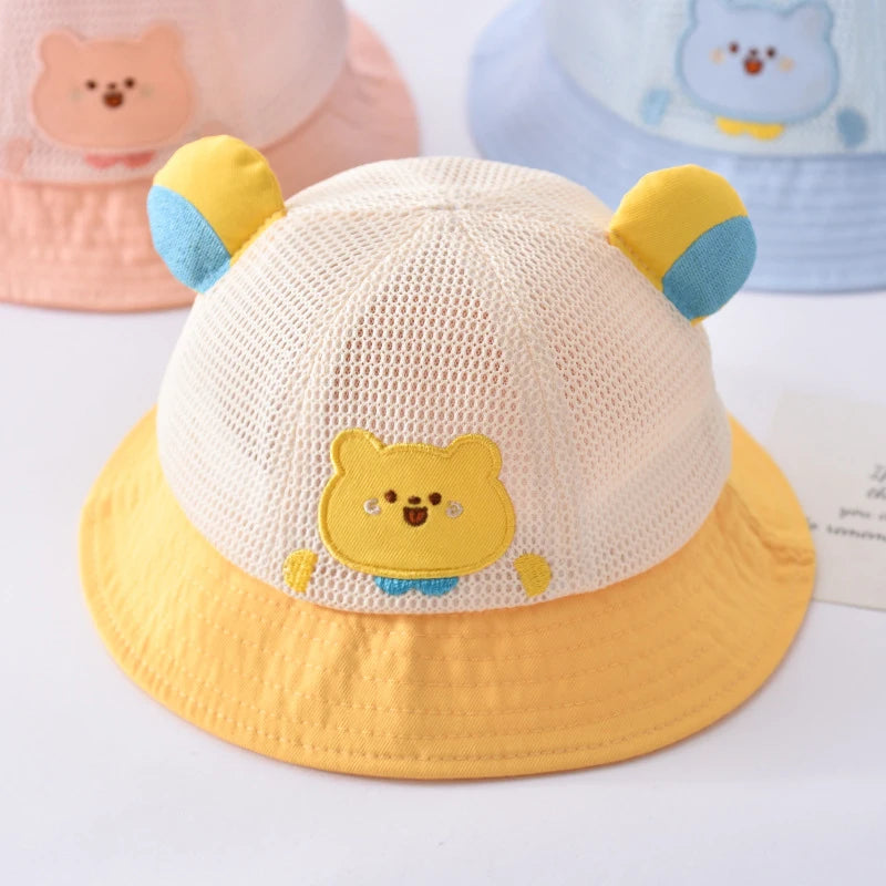 Summer Breathable Mesh Baby Hat Cute Bear Infant Boy Girl Bucket Hats Korean Cartoon Toddler Kids Casual Fisherman Cap