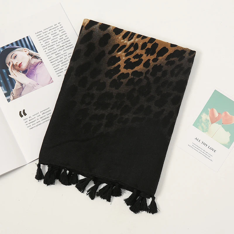 Fashion Printed Leopard Scarf Female Spring Muslim Women Hijab Scarves Tassel Large Size Headband Handkerchief Women's Bandana
