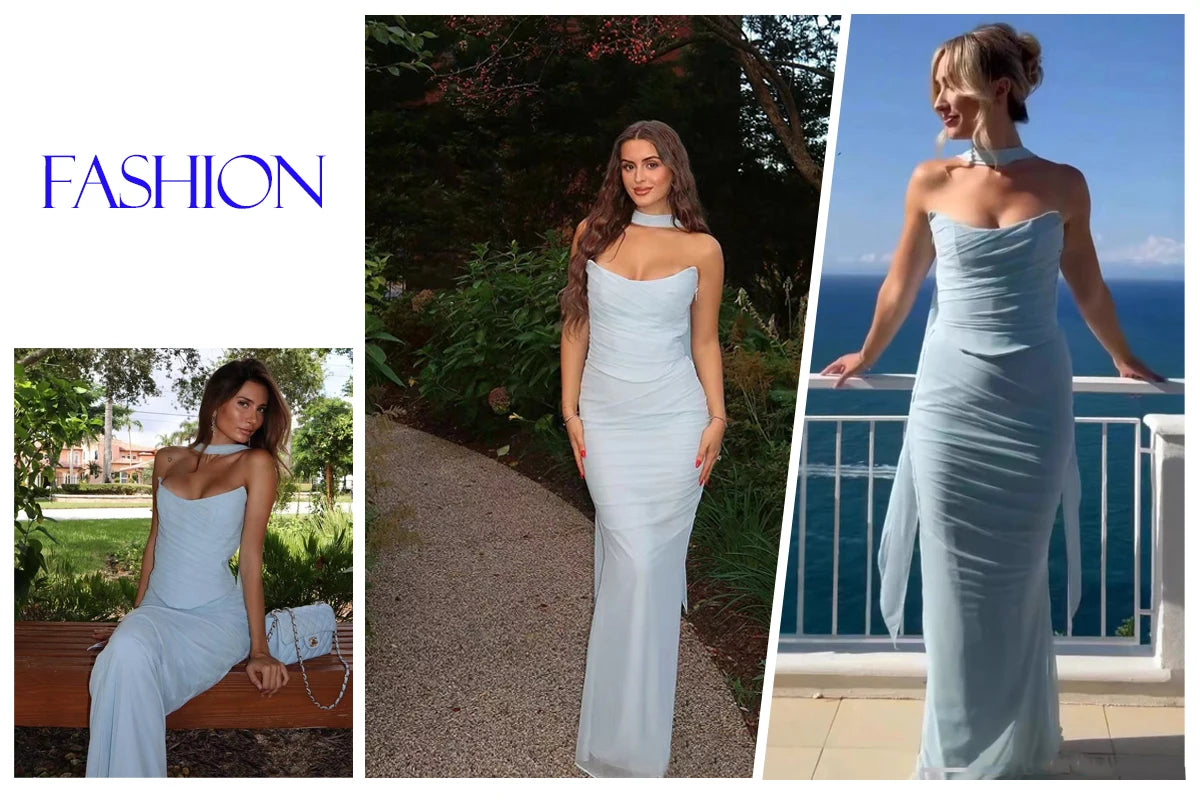 Suninheart Elegant Women 2 Piece Dress Set 2023 Maxi Wedding Guest Dress Lace Up Crop Top and Maxi Skirt Set Formal Event Dress