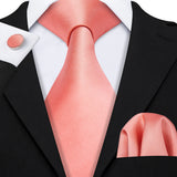 Barry.Wang Pink Silk Mens Tie Hanky Cufflinks Set Peach Salmon Rouge Rose Jacquard Necktie For Male Wedding Party Business Event