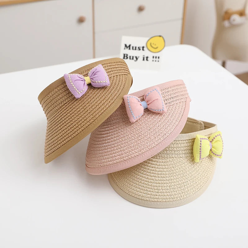 Lovely Girl Baby Summer Straw Hat Casual Bowknot Sun Visor Caps Outdoor Beach Top Sunscreen Empty Hats Cute Baseball Caps