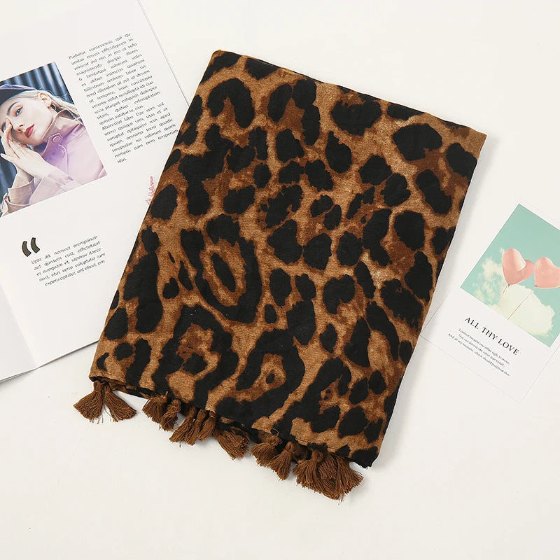 Fashion Printed Leopard Scarf Female Spring Muslim Women Hijab Scarves Tassel Large Size Headband Handkerchief Women's Bandana