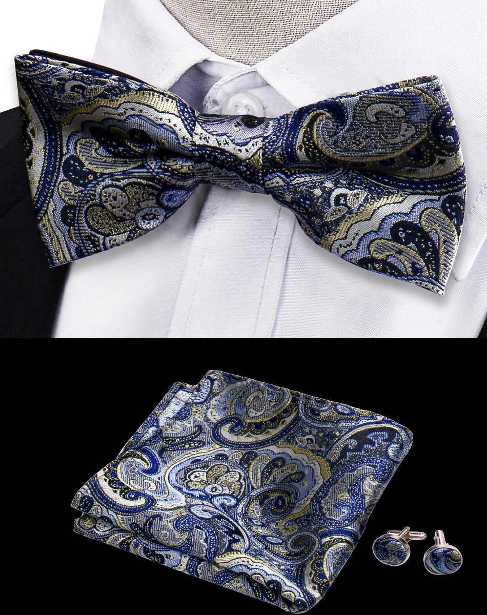 3pcs Bow Tie For MenBowtie Handkerchief Cufflinks Set For Shirts Fit Business Wedding Butterfly Paisley Pocket Square Bowtie Man