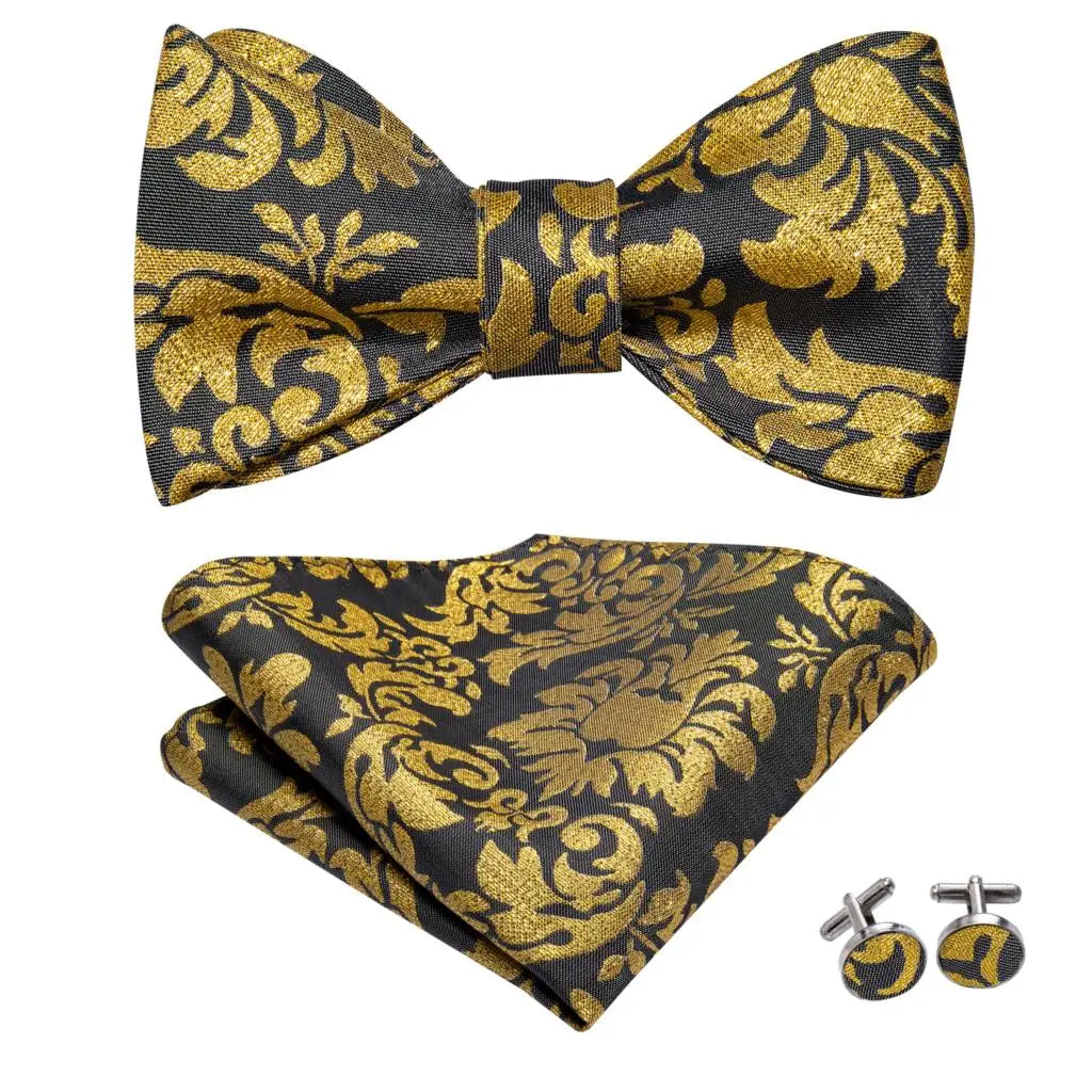 Hi-Tie Silk Mens Self Bow Tie Hanky Cufflinks Set Blue Red Gold Black White Male Jacquard Butterfly Knot Bowtie Wedding Business