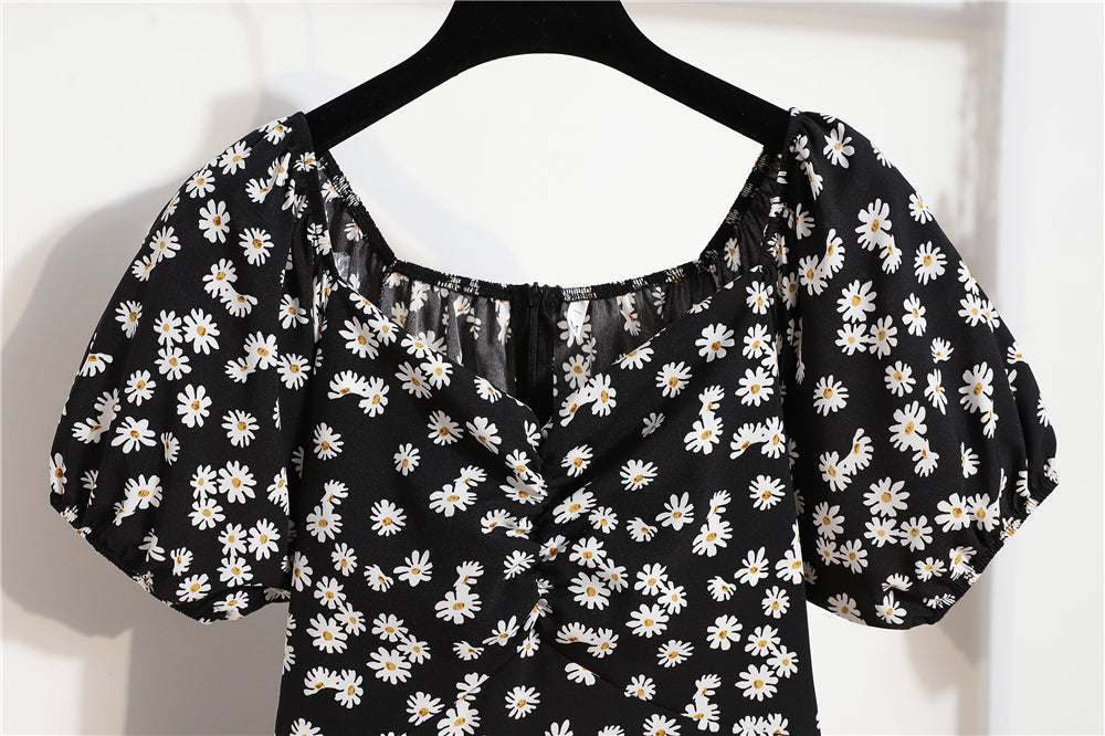 Mini robes d'été pour femmes, mode féminine, imprimé floral, en mousseline de soie, froncée, manches courtes bouffantes, robe décontractée
