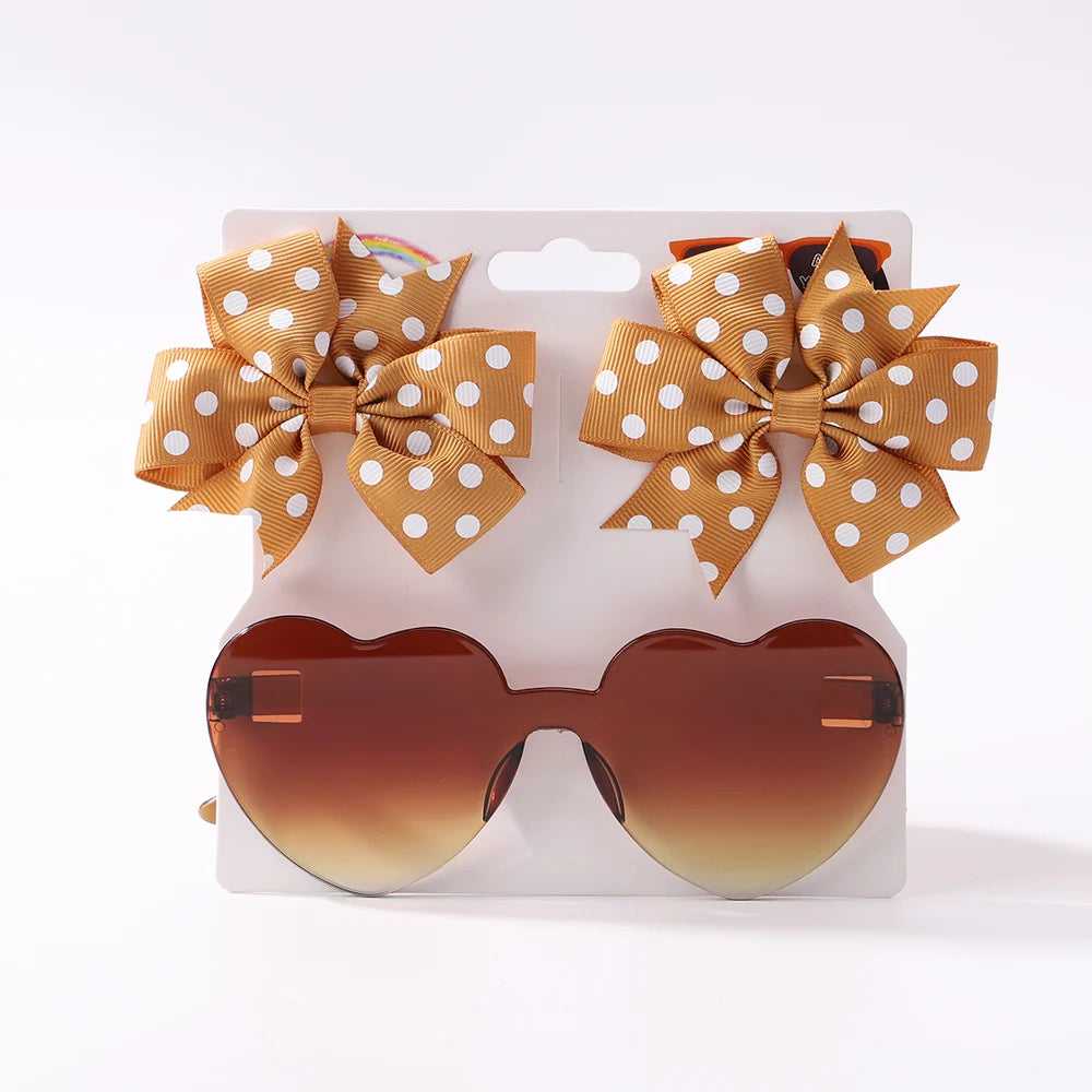 3Pcs/set Cute Solid Kids Dot Hairpin Colorful Heart Sun Glasses Set Girls Boutique Bowknot Hair Clips Children Hair Accessories