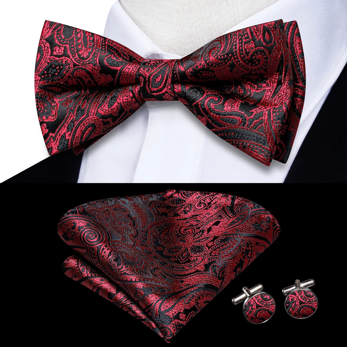 Hi-Tie Jacquard Silk Mens Bowtie Bow Tie Hanky Cufflinks Set Pre-tied Butterfly Knot Black White Grey Blue Red Green Pink Purple