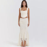 Suninheart Elegant Women 2 Piece Dress Set 2023 Maxi Wedding Guest Dress Lace Up Crop Top and Maxi Skirt Set Formal Event Dress