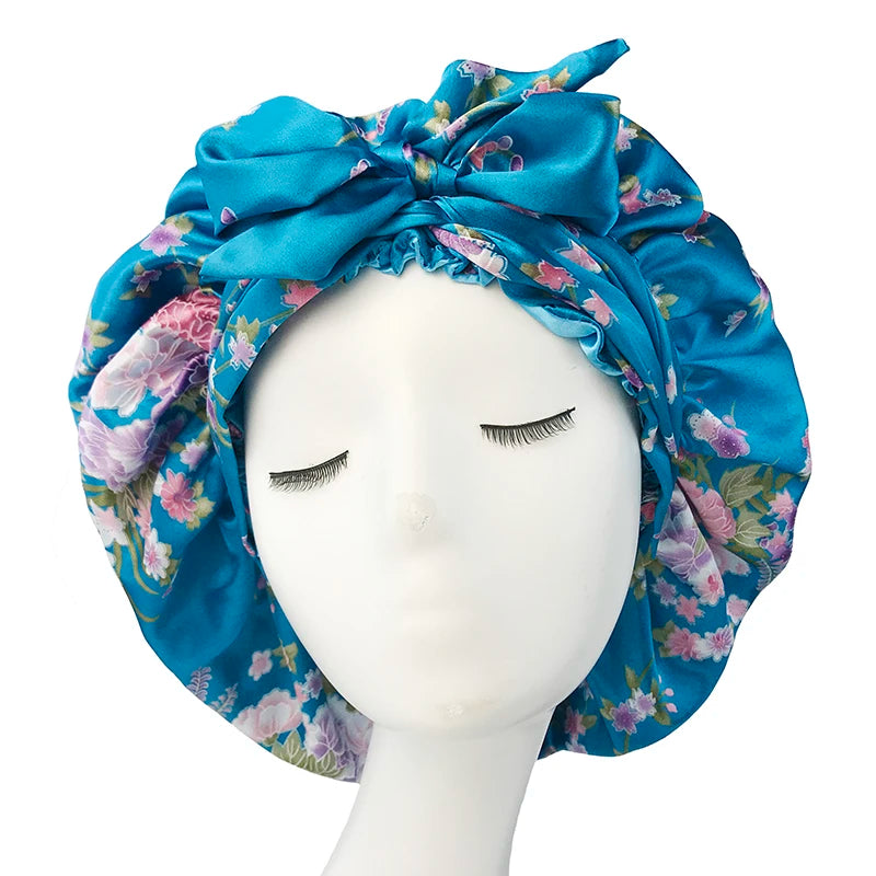 Soft Silky Print Satin Bonnet for Women Large Nightcap with Long Satin Ribbon Tie Band Bonnet Adjustable Wide Band Head Wrap Hat