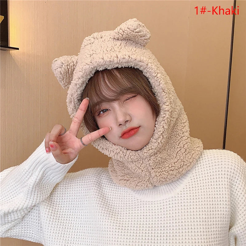 1Pc Cute Bear Ear Hat Scarf Gloves 3-in-1 Winter Warm Hedging Cap Women Windproof Plush Hat Scarf