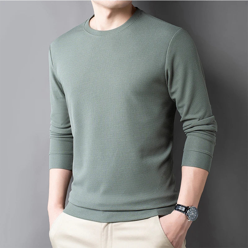 2024 Men's Casual Fashion Long Sleeved Round Neck T-shirt Waffle Comfortable Top