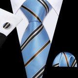 New Blue Silk Ties High Quality For Men Classic Plaid Woven Handkerchife Cufflinks Sets Groom Wedding Designer Barry.Wang 1535