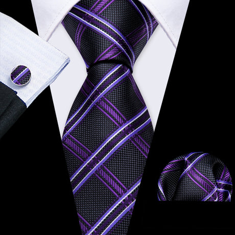 Male Gift Silk Men Tie Set Purple Violet Solid Paisley Striped Wedding Business Tie for Man Necktie Handky Cufflinks Barry.Wang