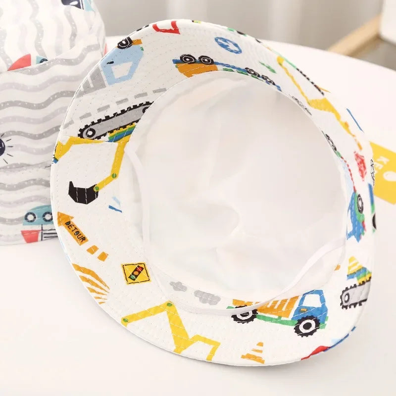 Cute Cartoon Printing Bucket Baby Hat Cotton Breathable Kids Fisherman Hat Infant Toddle Sun Hat with Drawstring for 1-5 Years
