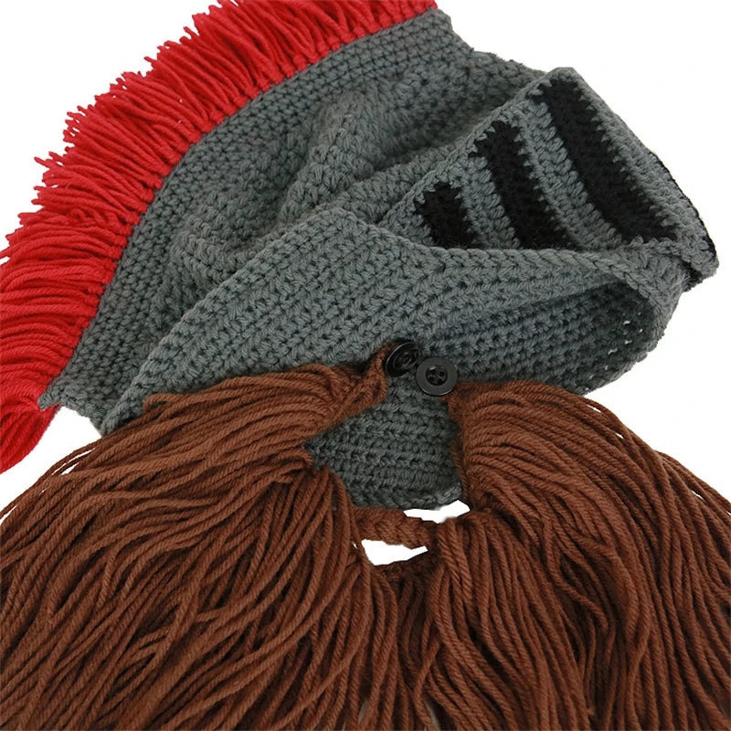 Red Tassel Cosplay Roman Knight Knit Helmet Men Cap Original Barbarian Handmade Winter Warm Beard Hats Funny Beanies Party Gifts