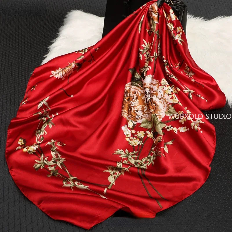 90*90cm Square Shawls and Wraps Floral Print Neck Scarf For Women Silk Satin Neck Scarfs For Ladies Bandana Head Scarves Female