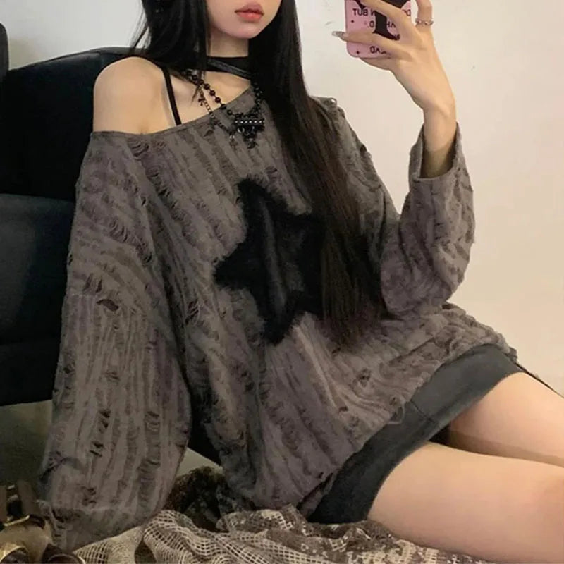Y2K Hole Star Print T-Shirt Women Fashion Streetwear Off Shoulder Tops Summer Oversized Kpop Long Sleeve Loose Tees Ladies New