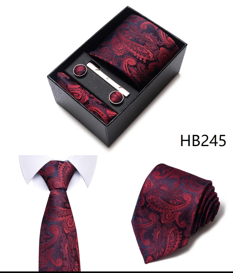 65 Colors Fashion Tie Handkerchief Set Tie Clip Necktie Box Man's Shirt Dark Red  Accessories Men Wedding Holiday  Gift