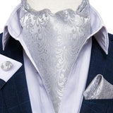 Luxury Silver Paisley Men Ascot Tie Wedding Formal Cravat Ascot Scrunch Self British Neck Tie Set Pocket Square Cufflink DiBanGu