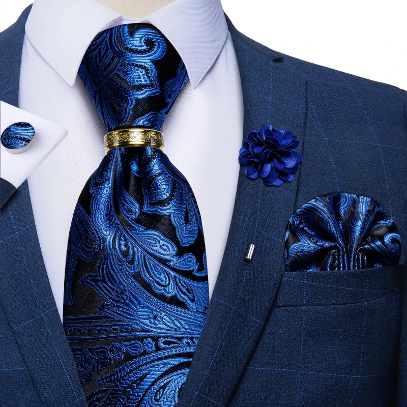 Luxury Blue Gold Paisley Silk Ties For Men Business Wedding Neck Tie Set With Tie Ring Brooch Pin Men's Cufflinks Pocket Square