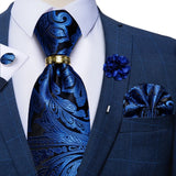 Luxury Blue Gold Paisley Silk Ties For Men Business Wedding Neck Tie Set With Tie Ring Brooch Pin Men's Cufflinks Pocket Square