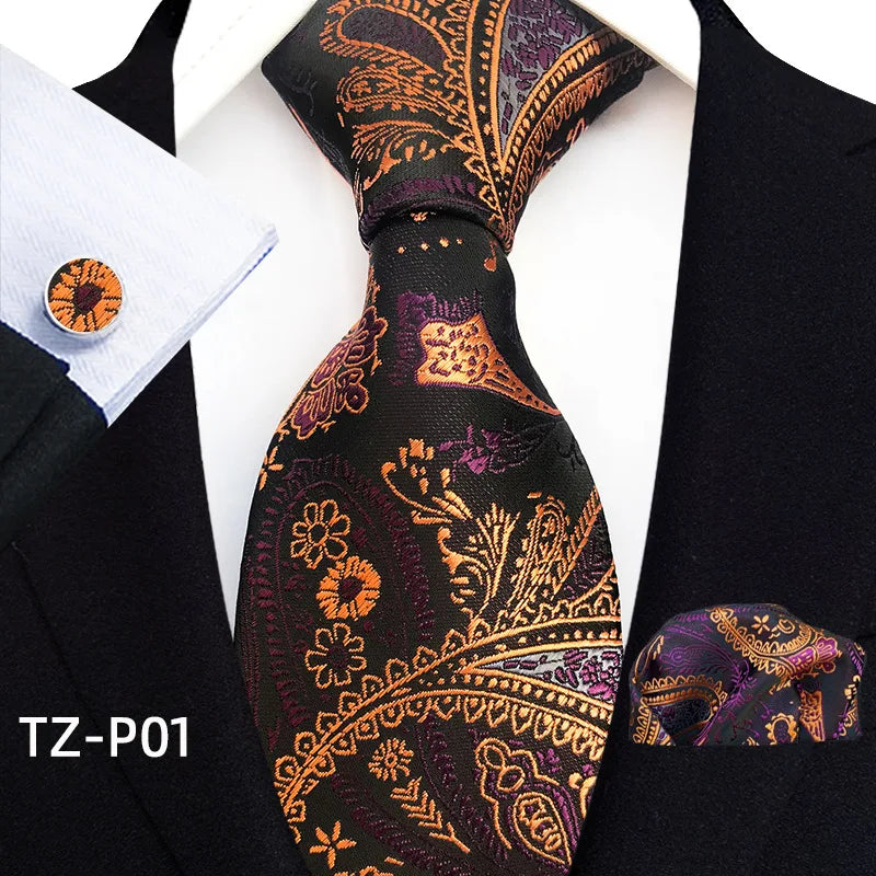 Orange Novelty Ties For Men Plaid Flower Design Silk Wedding Necktie For Men Hanky Cufflinks Gifts Business Party Suit Bow Tie