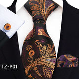 Orange Novelty Ties For Men Plaid Flower Design Silk Wedding Necktie For Men Hanky Cufflinks Gifts Business Party Suit Bow Tie