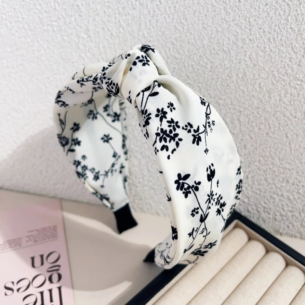 Elegant Floral Black White Hairbands for Women Girls Wide Edge Soft Hair Hoops Big Bowknot Cross Headband Hair Styling Tool Gift