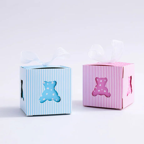 10Pcs Cartoon Hollow Out Bear Candy Box with Ribbons for Baby Girl Boy Gender Reveal Party Baby Shower Party Favor Gift Boxes