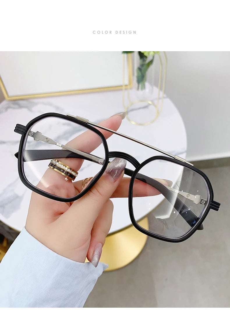 Blue Light Blocking Eye Protection Myopia Eyeglasses Fashion Double Beam Metal Glasses Women Trend Retro Plain Face Eyewear Men
