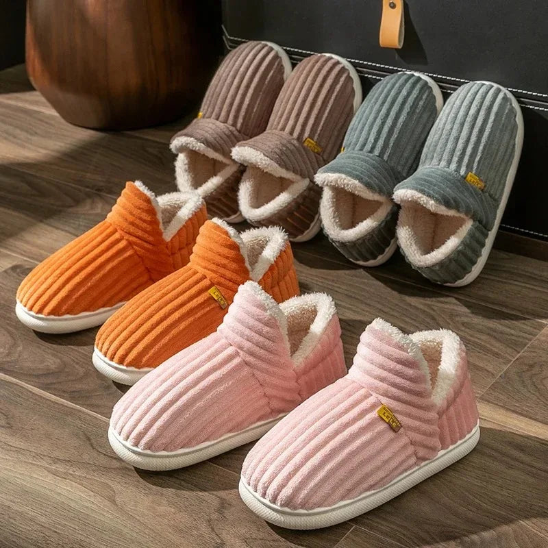 Winter Couple Style Concise Stripes Wrap Heels Plush Slippers Ladies' Non-slip Soft Warm Flip Flops Men Home Casual Cotton Shoes