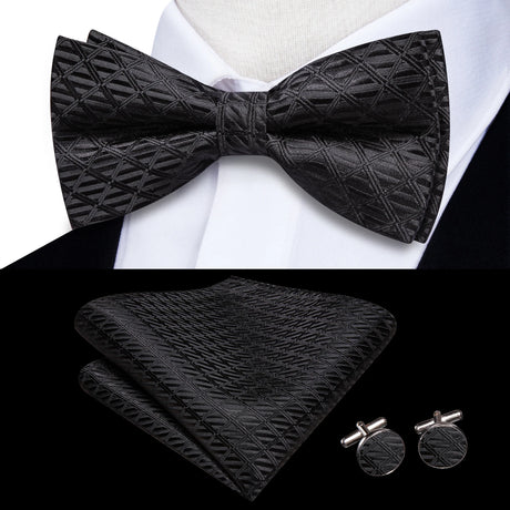 Hi-Tie Striped Black Red Green Silk Mens Bow Tie Hanky Cufflinks Set Pre-tied Butterfly Knot Bowtie for Male Wedding Business