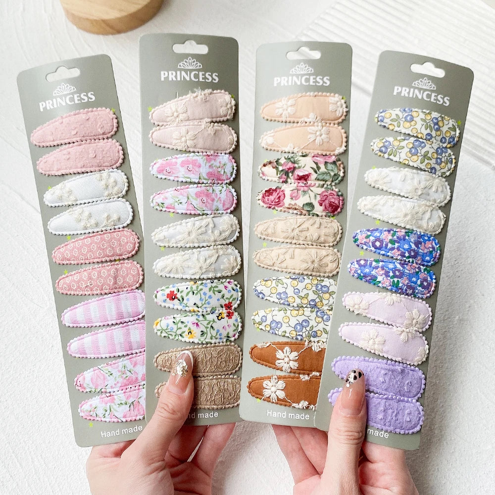 10Pcs/set 2.2'' Printed Embroidery Waterdrop Shape Hair Clips For Cute Girls BB Hairpin Barrettes Headwear Kids Hair Accessories