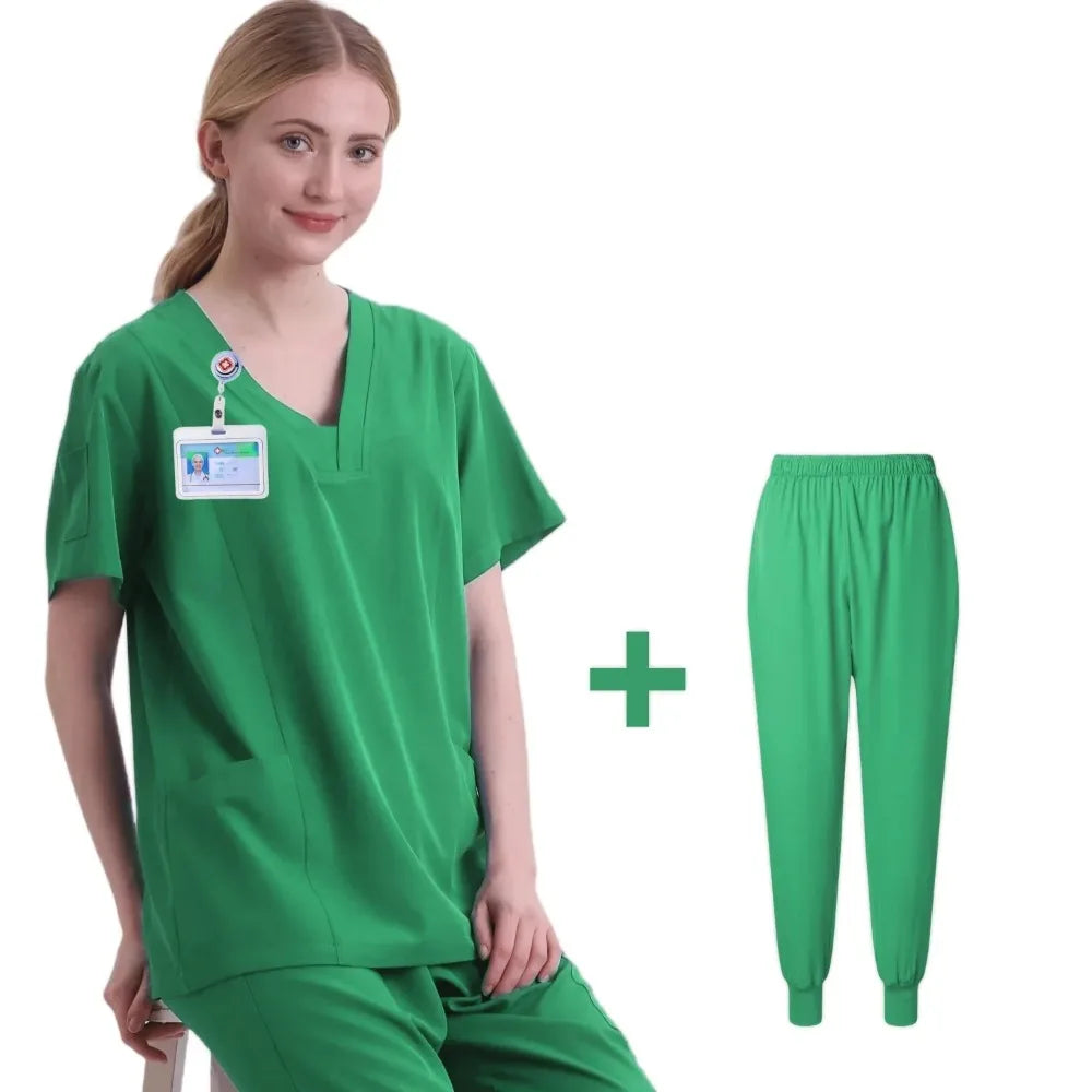 New Scrubs Set Medical Uniforms Stretch Scrub Tops with Pocket Pants Nurse Uniform Doctor Surgery Overalls Beauty Salon Workwear