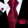 Barry.Wang Red Maroon Burgundy Rose Silk Men's Tie Pocket Square Cufflinks Set Jacquard Necktie for Male Wedding Business Party