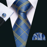 New Blue Silk Ties High Quality For Men Classic Plaid Woven Handkerchife Cufflinks Sets Groom Wedding Designer Barry.Wang 1535