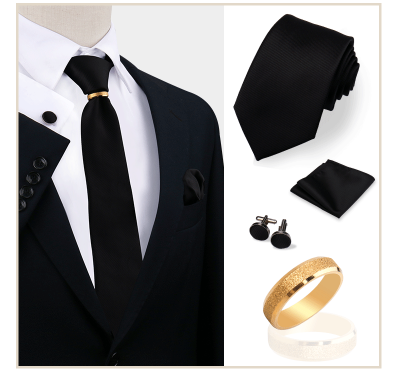 Luxury Solid Silk Ties Set For Men Necktie Handkerchief Cufflinks With Gold Metal Ring Brooch Suit Wedding Party Men Accessories