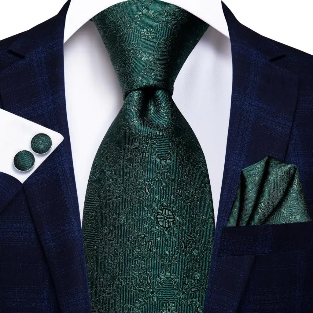 Hi-Tie Dark Green Psialey Silk Elegant Tie For Men Groom Wedding Men Necktie Pocket Square Cufflink Accessory Wholesale Designer