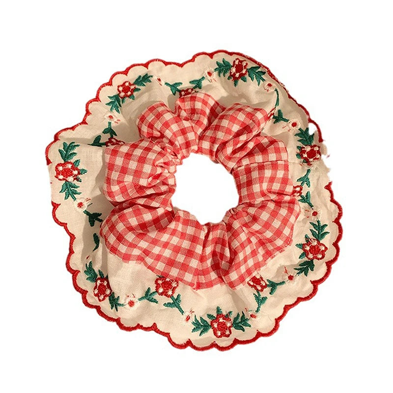 Beautiful Embroidered Large Scrunchies Elastic Hair Bands Hair Ties Women Sweet Hair Accessories Ponytail Holder Head Rope