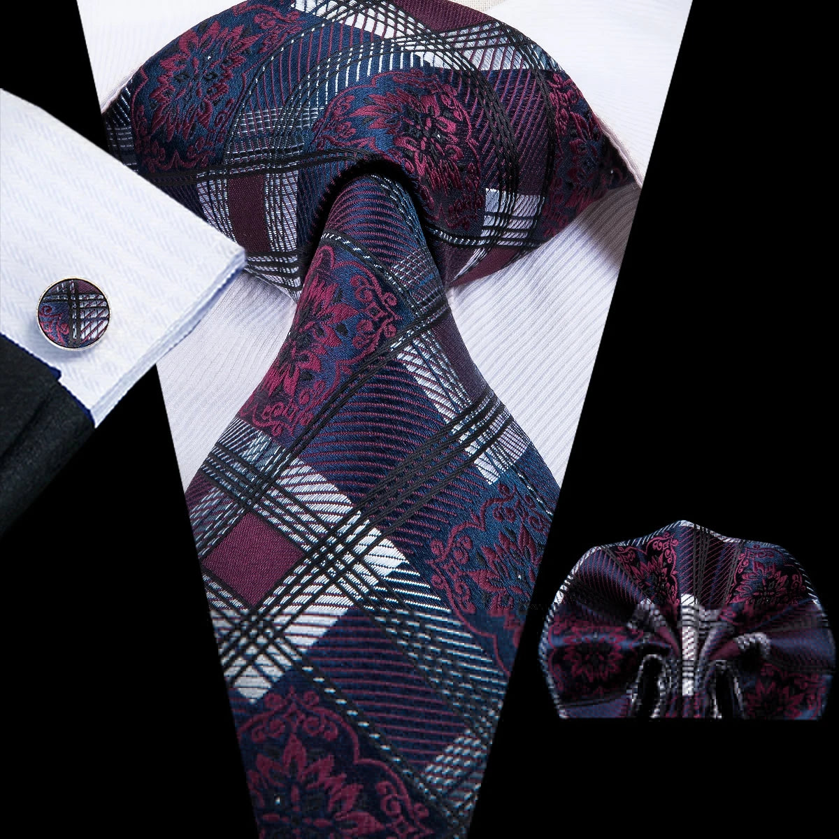 Hi-Tie Men Fashion Necktie Burgundy Paisley Handkerchief Cufflinks for Tuxedo Accessory Classic Silk Luxury Gift Tie for Men